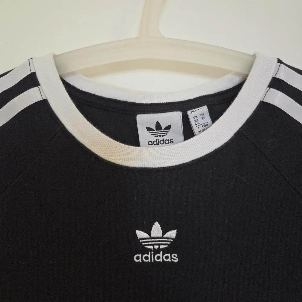 Adidas Black Cropped Tee with White Stripe Shoulders - Picture 3 of 5